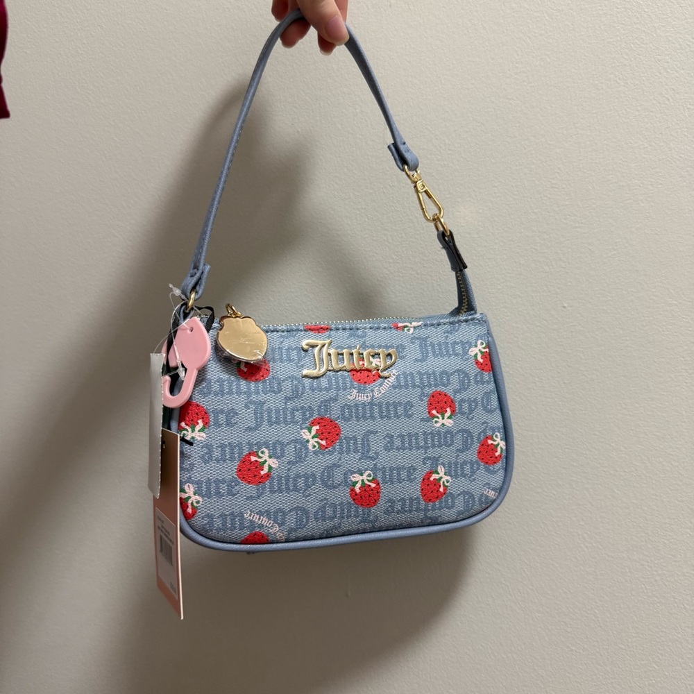 Juicy Couture Strawberry Print Mini Shoulder Bag Y2K Blue Denim Logo Purse NWT